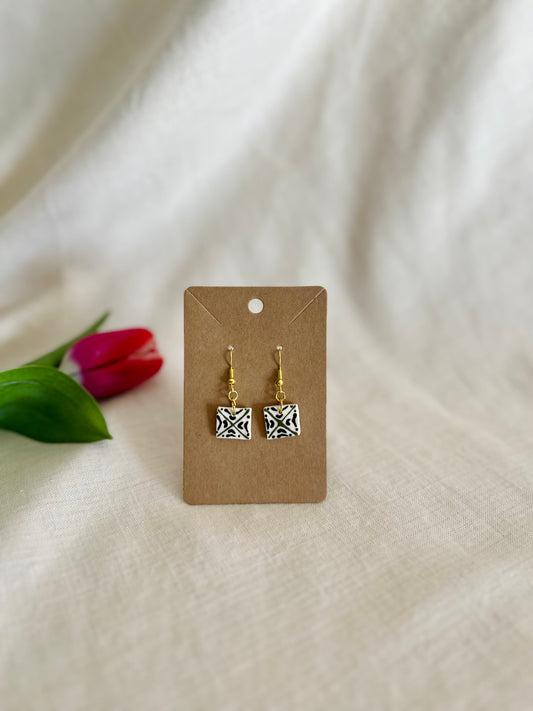 Earrings: green + black quilt square (dangle)