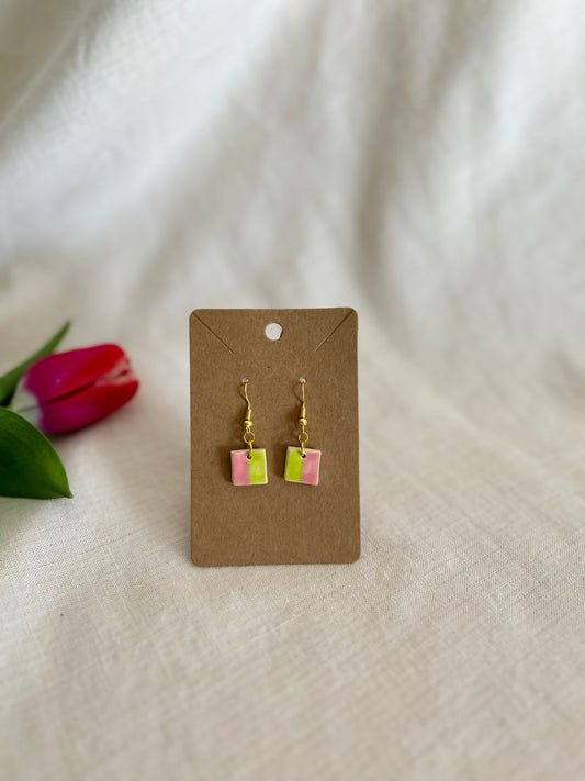 Earrings: pink/green block (dangle)