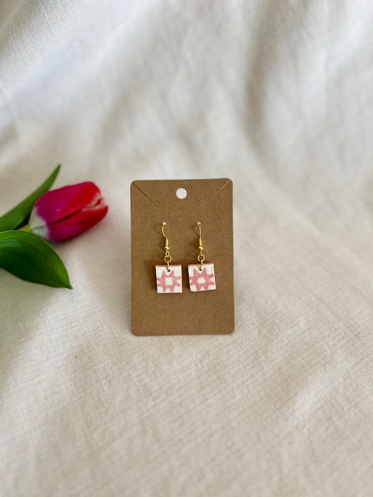 Earrings: pink quilt star (dangle)